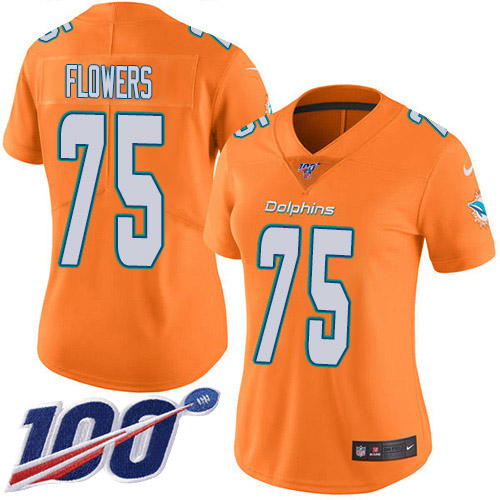 Nike Miami Dolphins 75 Ereck Flowers Orangen Women Stitched NFL Limited Rush 100th Season Jersey